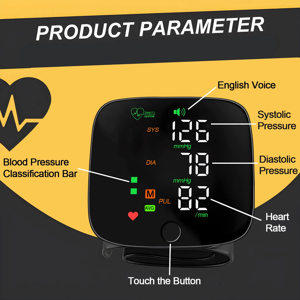 Digital Touch LCD Screen Chargeable Voice Wrist Blood Pressure Monitor Digital Automatic BP Tonometer Heart Rate Sphygmomanomete