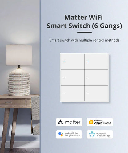 Zemismart Matter WiFi 1 2 3 4 6 Gangs Smart Wall Light Switch Neutral Required with Big Button SmartThings App Homekit Control