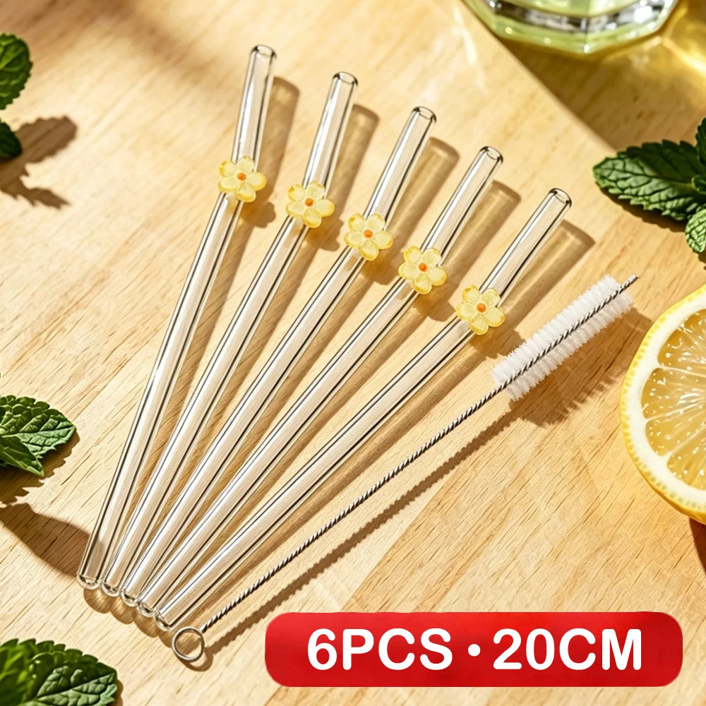 6PCS Reusable Drinking Straws Cute Flower Glass Straws with Cleaning Brush for Coffee Lover Smoothies Frozen Drinks Tea Juice