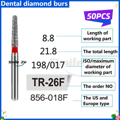 50Pcs Dental Dentist Diamond Burs Drill FG 1.6mm Bur for High Speed Handpiece FG Dental Bur Stomatology Dentistry Grinding Tools