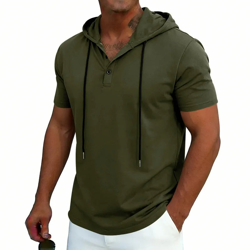 Summer Men's Short Sleeve Hooded T-Shirt Henry Neckline Drawstring Design Casual Loose Breathable Sporty Vest