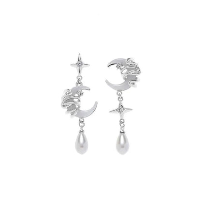 Fashion Asymmetric Shiny Star Moon Drop Earrings for Women Exquisite Metal Crystal Pearl Earrings Aesthetic Jewelry Accessories