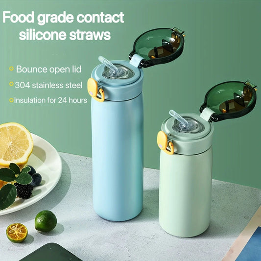 Ladies Insulated Cup With Straw Pop Up Lid Portable Minimalist Water Bottle Couple Vacuum Mug For Daily Use