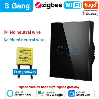 Tuya Wifi/Zigbee RF433 EU Smart Wall Switch 1/2/3/4 Gang Touch Sensor Button No-Neutral Wire,Voice With Alexa Google Home