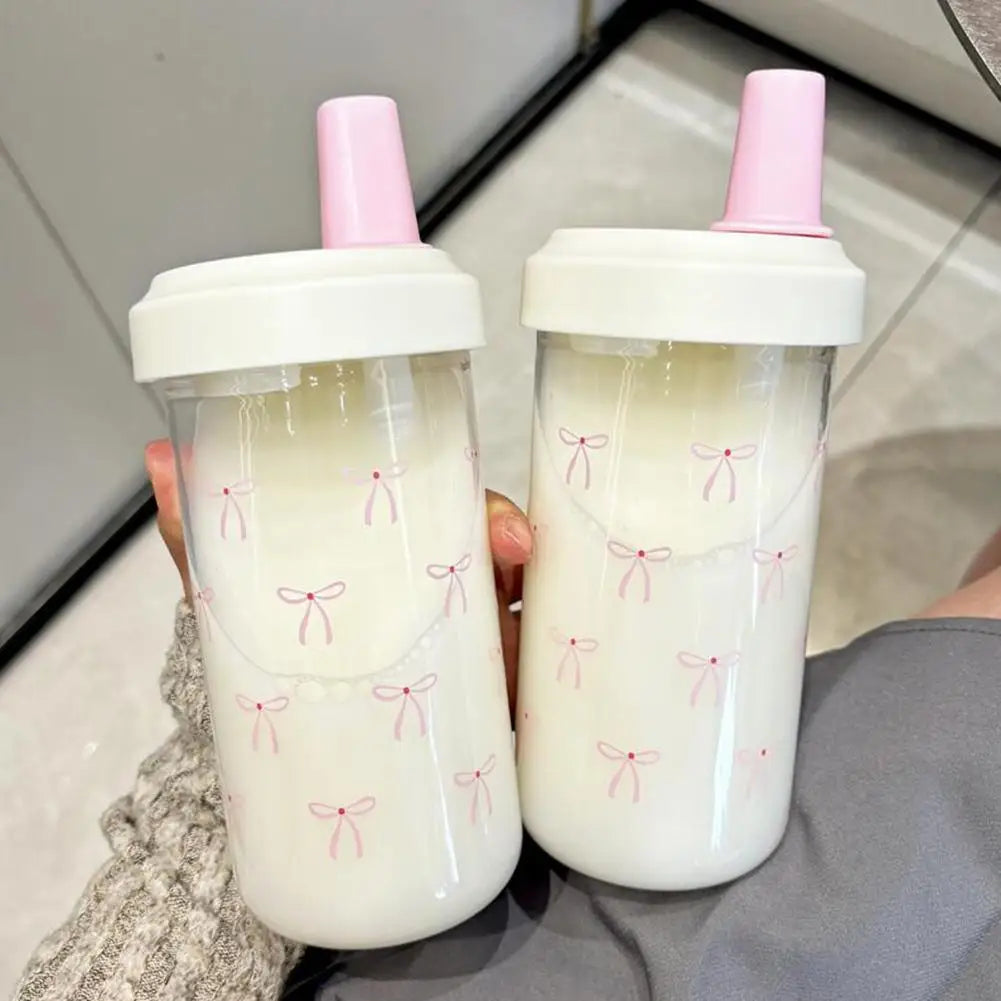 500/700Ml Pink Bow Water Cup With Straw Coffee Bubble Milk Tea Plastic Cup Large Capacity Students Water Bottle Straw Bottle