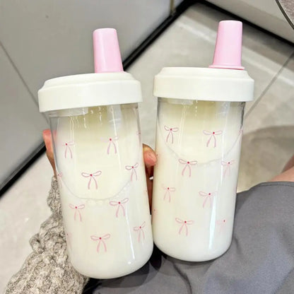 500/700Ml Pink Bow Water Cup With Straw Coffee Bubble Milk Tea Plastic Cup Large Capacity Students Water Bottle Straw Bottle