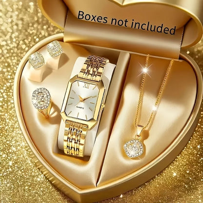 5PCS/Set Elegant Rectangle Women Watches Fashion Roma Dial Ladies Quartz Wristwatch Rhinestone Jewelry Set（Without Box）