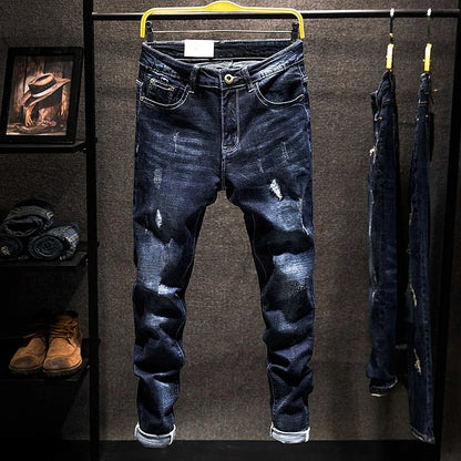 American Elastic Straight Jeans Men Ripped Worn-out Slim-fit Cotton Denim Pants Korean Style Fashion Blue Black Men's Clothing