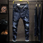 American Elastic Straight Jeans Men Ripped Worn-out Slim-fit Cotton Denim Pants Korean Style Fashion Blue Black Men's Clothing