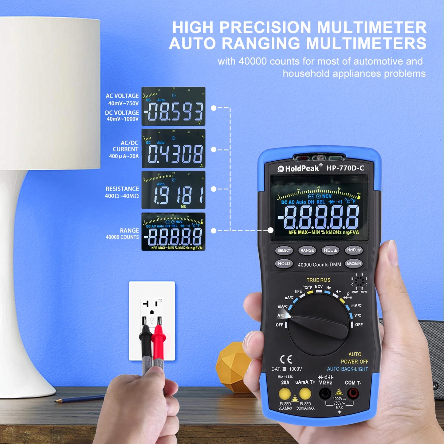 HP-770D-C LCD Digital Multimeter - True RMS Auto Range for AC/DC Voltage, Ohm, Amp & Capacitor (40,000 Counts)