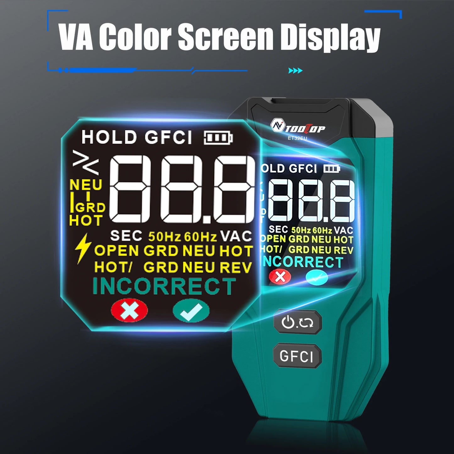 TOOLTOP ET32 Digital Circuit Breaker Finder Neutral/Live Wiring Detect GFCI Outlet Tester US/EU/UK Socket Voltage Measurement