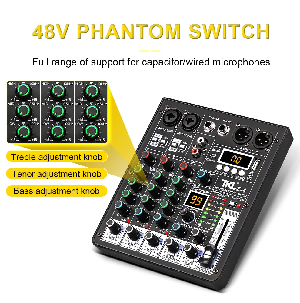 TKL 4 Channel 99 DSP Audio Mixer 48V Phantom Power USB Studio Sound Mixers Bluetooth DJ Console Mixing for Karaok
