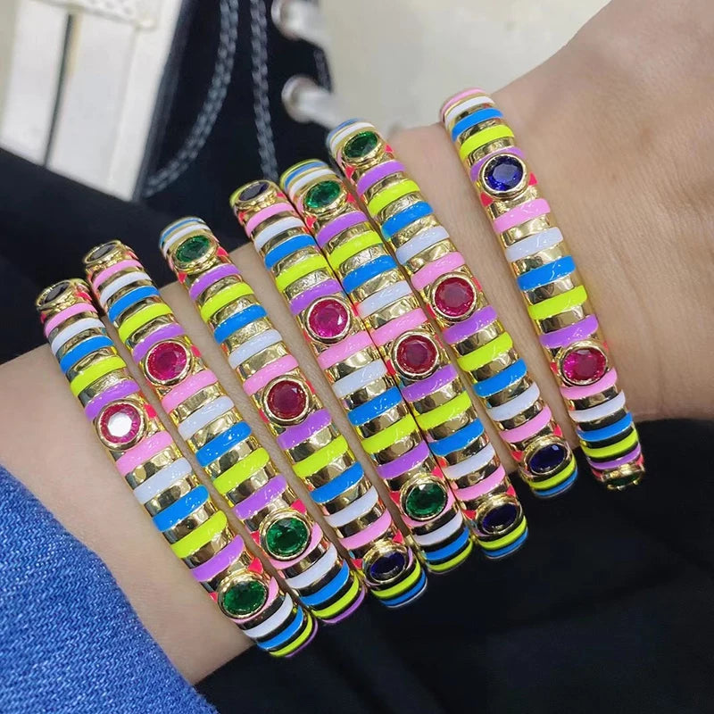 Fashionable Multicolor Gold Plated Gemstone Charm Bangle,Fine Colorful Enamel Open Adjustable Bracelet Jewelry Supply  Q35