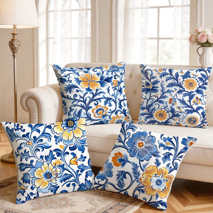 1pcs/4pcs Blue Flower Cushions Pillowcase Polyester Cushion Cover Throw Pillow Pillowcover Home Car Sofa Decor