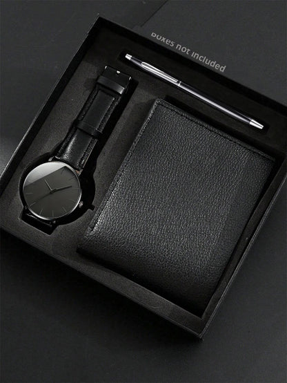 3PCS Simple scale Rhinestone men's quartz watch with Wallet Swivel Pen office set selected gift
