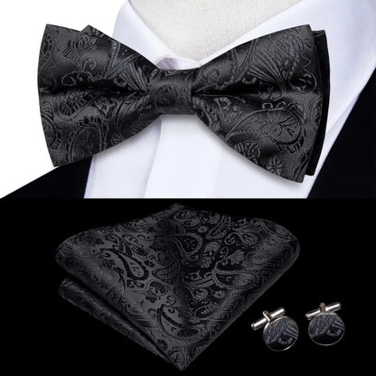 Hi-Tie Mens Bow Tie Hanky Cufflinks Set White Black Gray Silver Pre-tied Butterfly Knot Bowtie for Male Wedding silk Business