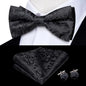 Hi-Tie Mens Bow Tie Hanky Cufflinks Set White Black Gray Silver Pre-tied Butterfly Knot Bowtie for Male Wedding silk Business