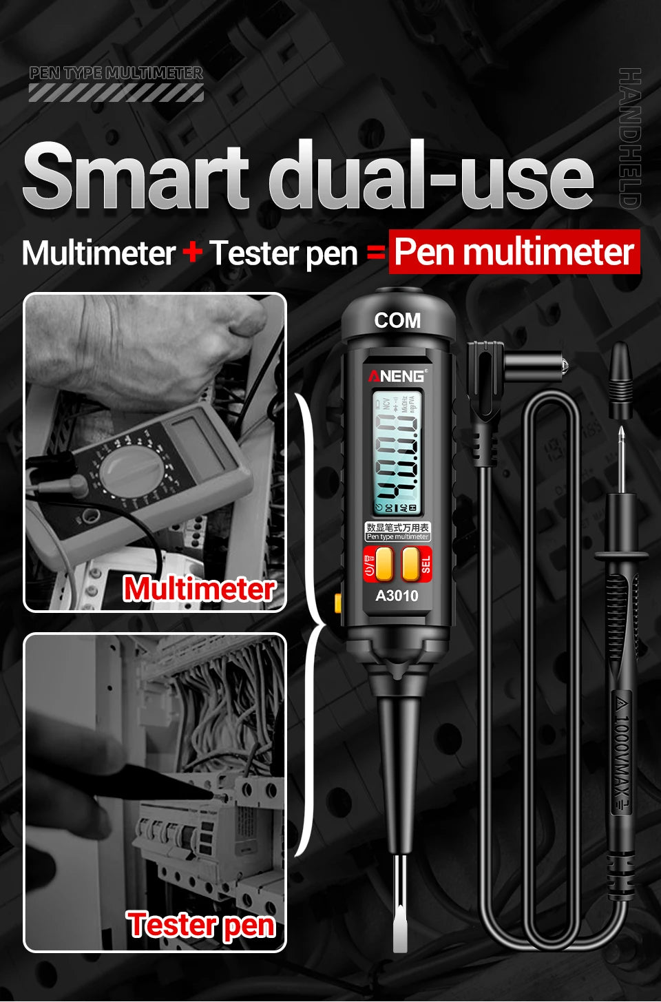 ANENG A3010 Pen-Type Multimeter 4000 Counts Digital True-RMS Backlight Multi Meter Auto Range Tester LCD Electrician Tester Tool
