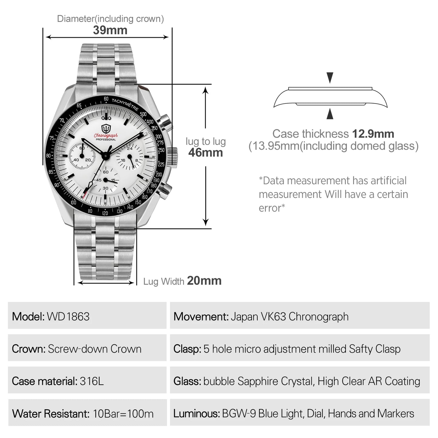 Watchdives WD1863 Quartz Watch VK63 Chronograph Movement Bubble Sapphire Crystal 10Bar Waterproof Luminous 39mm Vintage Watches