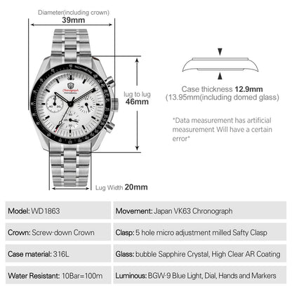 Watchdives WD1863 Quartz Watch VK63 Chronograph Movement Bubble Sapphire Crystal 10Bar Waterproof Luminous 39mm Vintage Watches