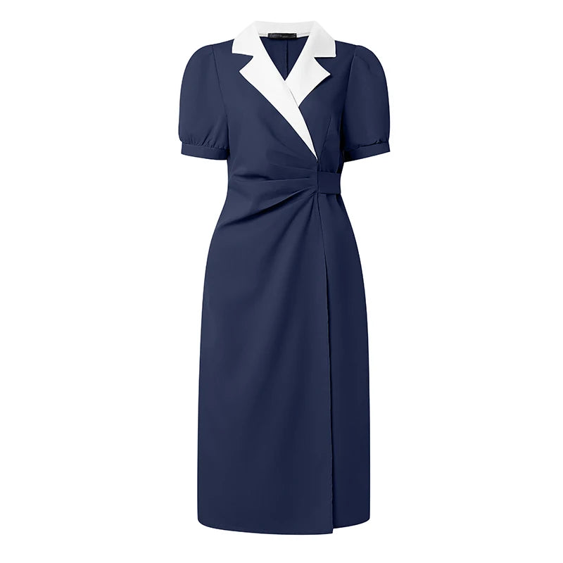 ZANZEA Elegant vColor-Blocked Bodycon A-Line Midi Dress Lapel Collar Short Puff Sleeves Ruched Waist Office Work Vestidos