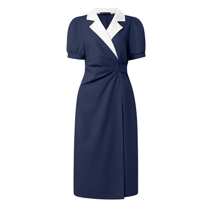 ZANZEA Elegant vColor-Blocked Bodycon A-Line Midi Dress Lapel Collar Short Puff Sleeves Ruched Waist Office Work Vestidos