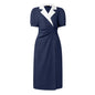 ZANZEA Elegant vColor-Blocked Bodycon A-Line Midi Dress Lapel Collar Short Puff Sleeves Ruched Waist Office Work Vestidos