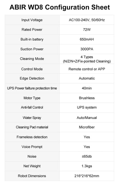 Window Vacuum Robot Cleaner ABIR WD8, Dual Ultrasonic Spray, AI intelligent Wipping, Updated Laser,Smart Home Glass Wall Washing