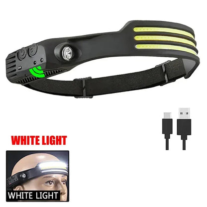 Czołówka USB, ładowalna, indukcyjna, z czujnikiem COB LED, wbudowana bateria, latarka, 5 trybów świecenia, reflektor
