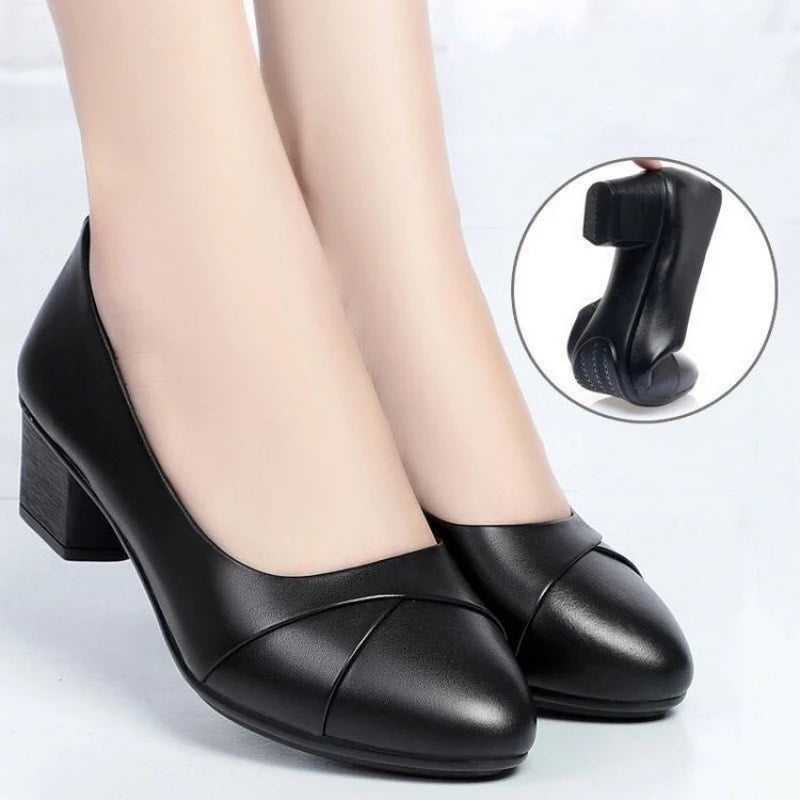 Women's Black Chunky Heel Pumps Slip On Round Toe Office Work Shoes Comfortable Block Heel Dress Shoes for Ladies