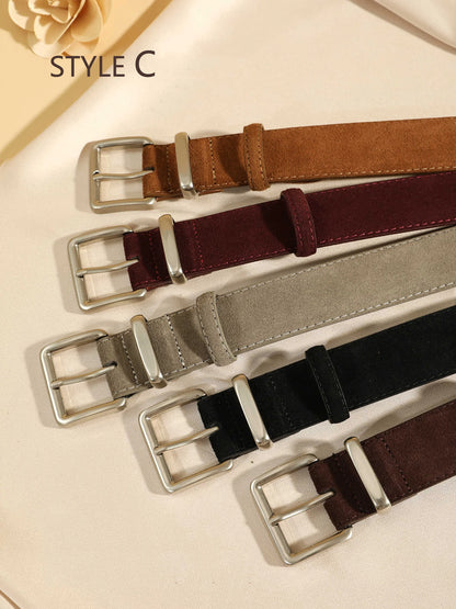 Luxury Suede Cowhide Leather Belt for Women, Vintage Style with Gold Buckle, 3.3cm Wide Waistband for Dresses & Jeans