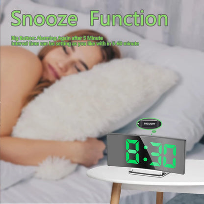 LED Alarm Clock 7'' Mirror Electronic Clock Large Scree Curved Digital Alarm Clock with 5-Min Snooze for Home Bedroom Office