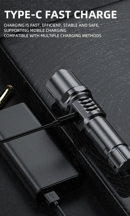 10000LM High Power LED Flashlight Long-range USB C Rechargeable Flashlight Power Display Zoom Lantern For Outdoor Camping Torch