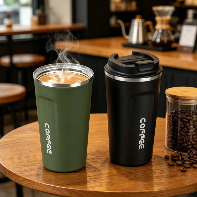 Thermo Cafe Coffee Mug - 380/510ML Leak-Proof Travel & Car Thermos, Double Stainless Steel for Tea, Water, Coffee