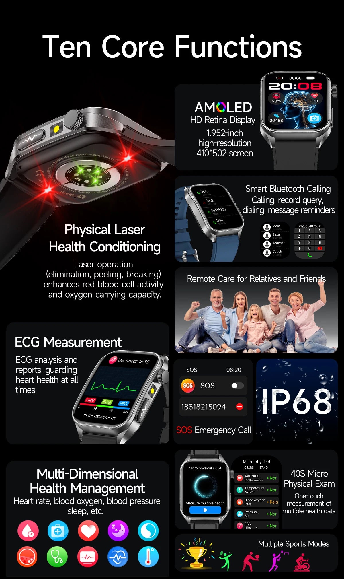 2026New Laser Therapy Care SmartWatch ECG Health Monitor Blood Lipids Uric Acid Heart Rate Tracking Fitness Smartwatch Men Women