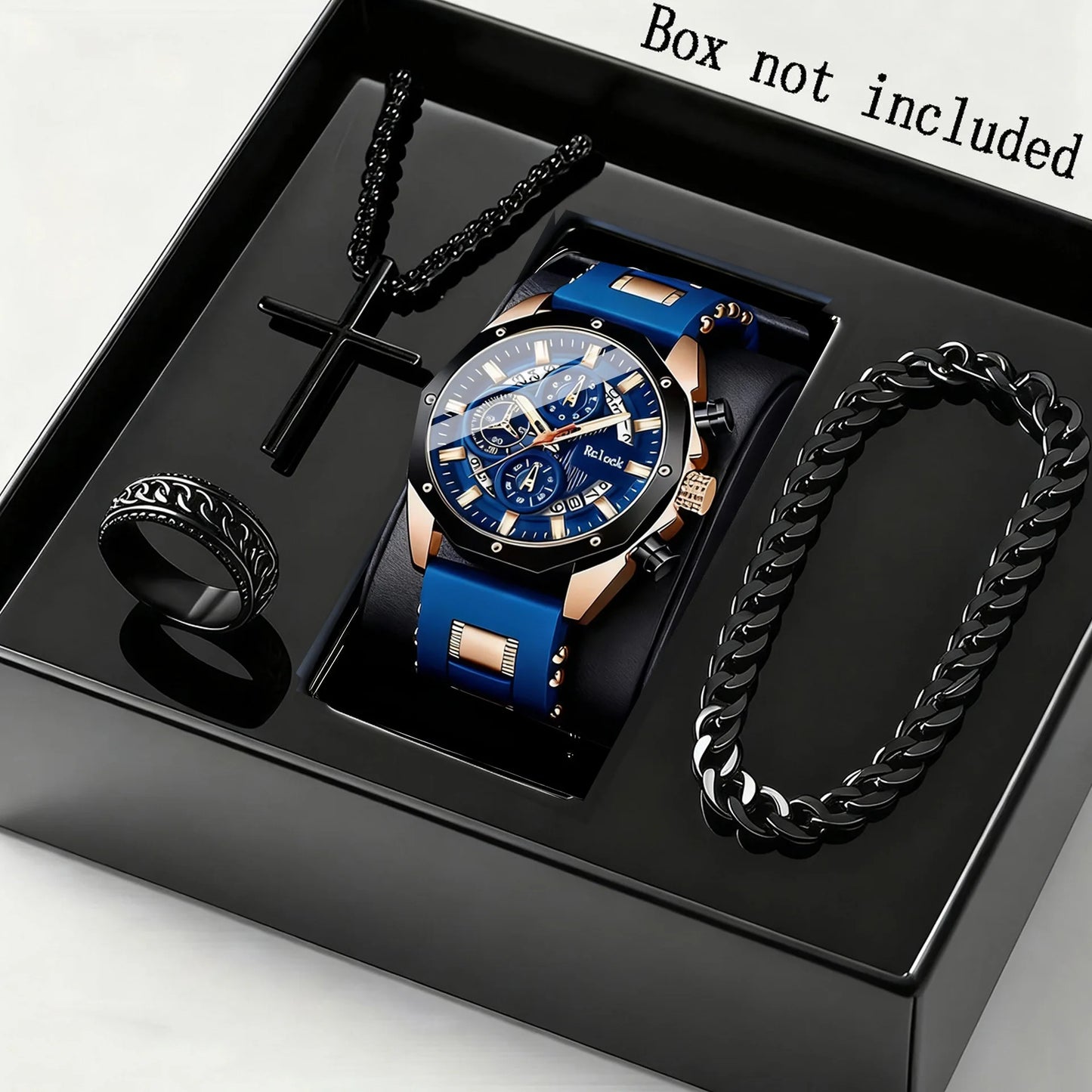 Four piece fashionable men's watch set, business casual men's bracelet, cross necklace, luxury watch