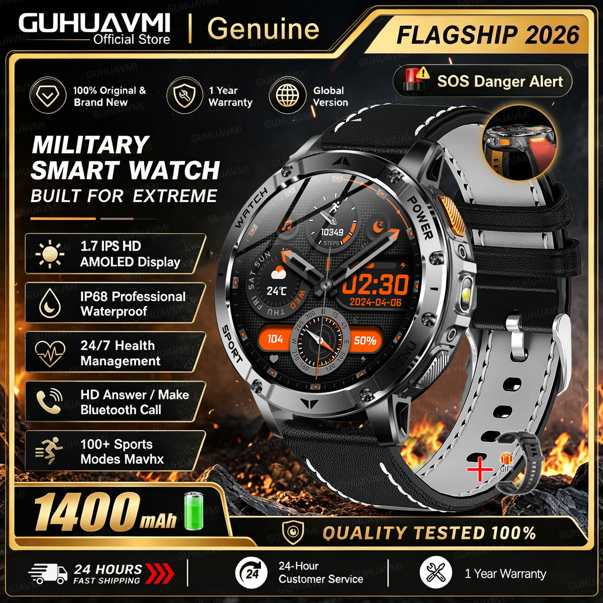 1400mAh Large Battery Military Smart Watch Men 1.7"HD Bluetooth Call 10ATM Waterproof LED Flash SOS Health Monitor Sport Watches