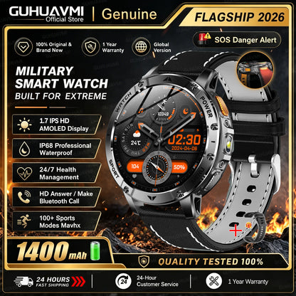 1400mAh Large Battery Military Smart Watch Men 1.7"HD Bluetooth Call 10ATM Waterproof LED Flash SOS Health Monitor Sport Watches