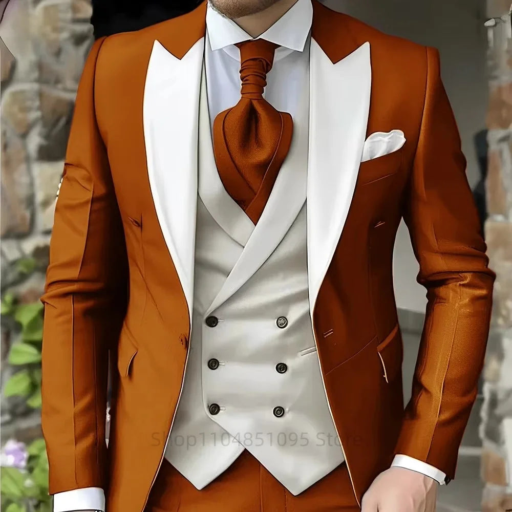 Pink Men's Elegant Peak Lapel Tuxedo 3-Piece Suit with Blazer Vest And Pants Set for Formal Business Prom Grooming