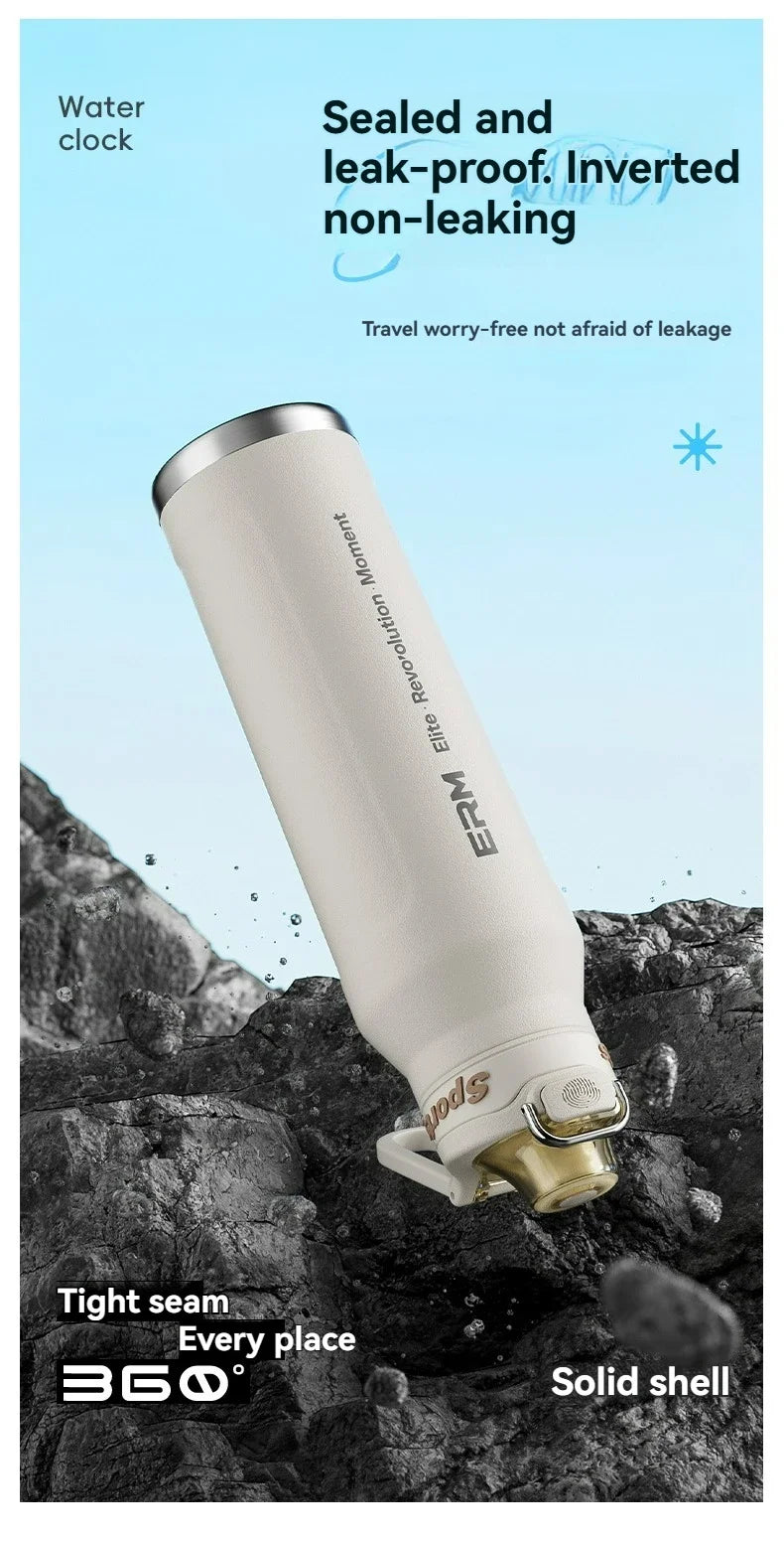 1L Stainless Steel Thermos Bottle, Iced & Heat Insulated Cup, Hiking Cycling Fitness Vacuum Flask with Handle