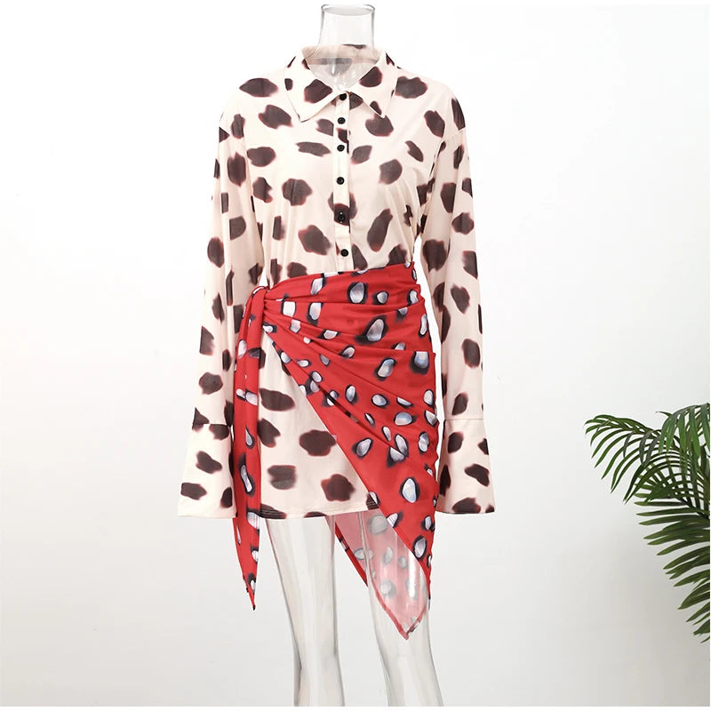 Sexy Printed Shirt-style Women's Dress Full Sleeve Turn-down Collar Button Detachable Scarf Dresses 2026 Summer Chic Female Robe