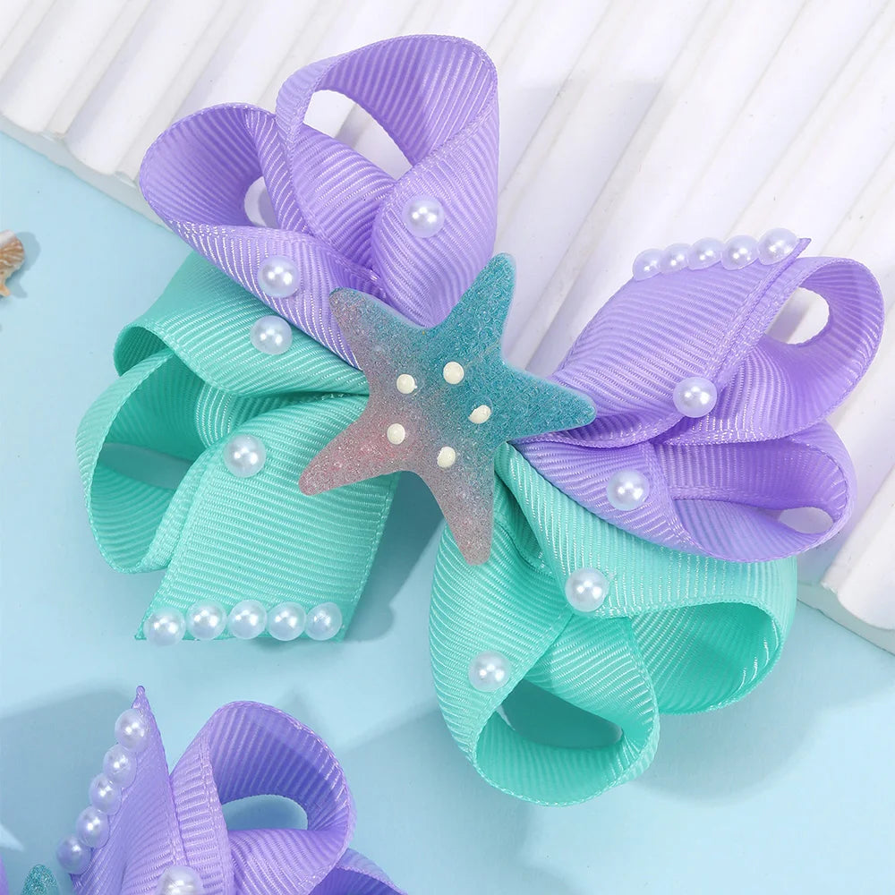 2Pcs Starfish Bow Hair Clips For Girls Sweet Ribbon Patchwork Cute Pearls Hairpins Kids School Trendy Headwear Accessories