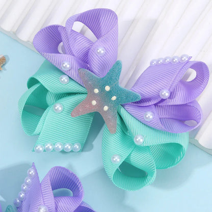 2Pcs Starfish Bow Hair Clips For Girls Sweet Ribbon Patchwork Cute Pearls Hairpins Kids School Trendy Headwear Accessories