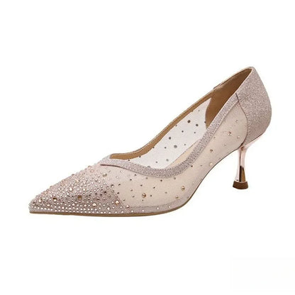 Women's Breathable Mesh Pointed-Toe High Heels, Rhinestone Elegant Slip-On Stiletto Pumps, Suitable for Parties, Weddings