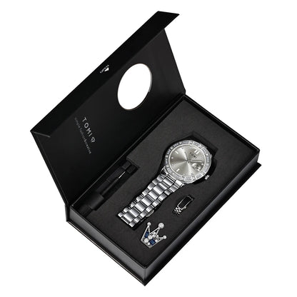 TOMI 4PCS Luxury Business Men's Watch Gift Box Set Luxury Diamond Case Calendar Stainless Steel Strap Quartz Watch Men's Clock