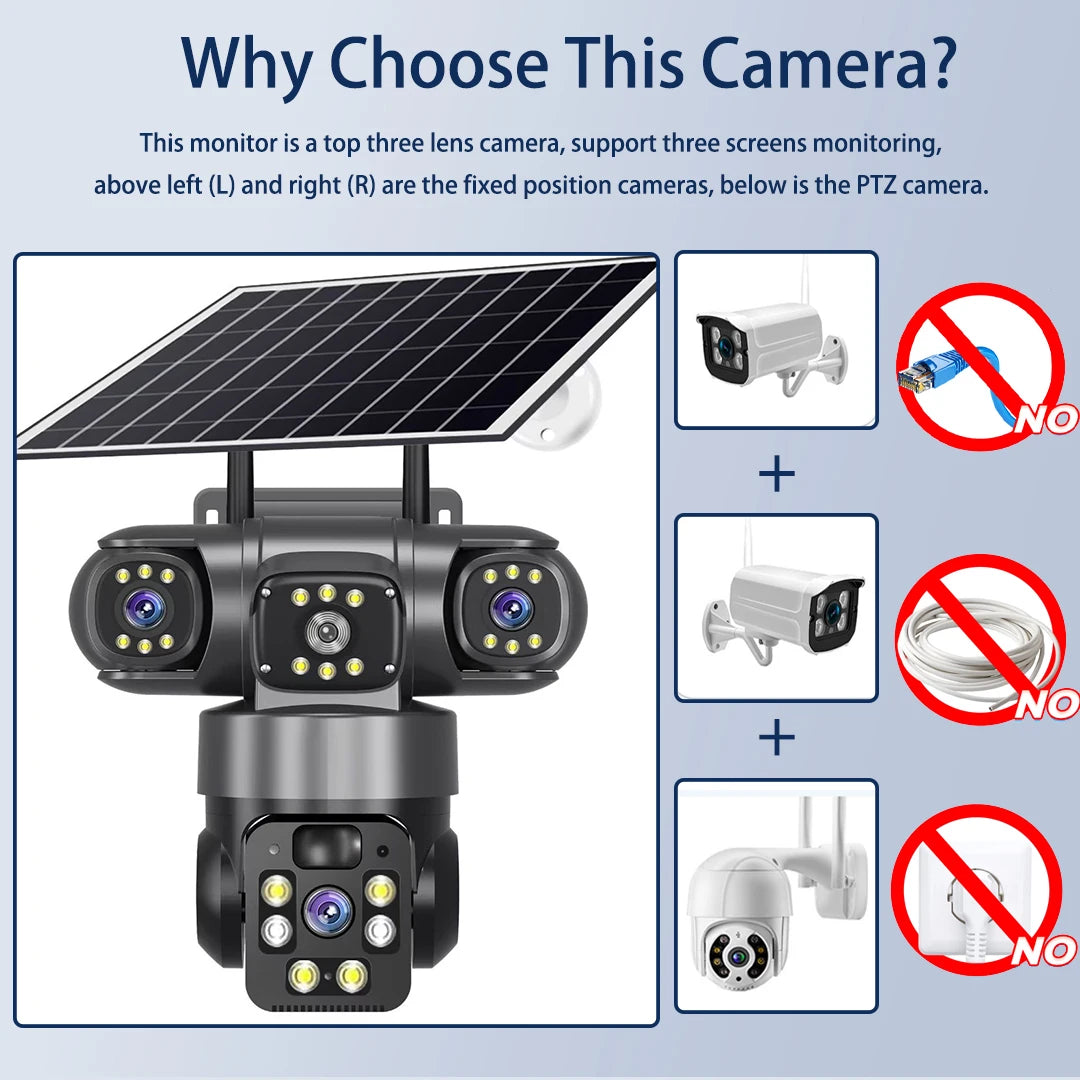 15MP IP Camera WiFi PTZ Three Camera Outdoor Wireless Solar 20000Mah Built-in Battery Video Surveillance Cam Long Time Standby