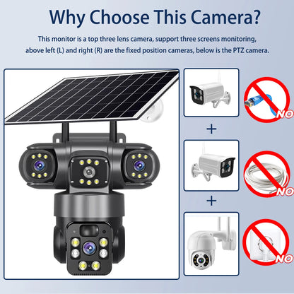 15MP IP Camera WiFi PTZ Three Camera Outdoor Wireless Solar 20000Mah Built-in Battery Video Surveillance Cam Long Time Standby