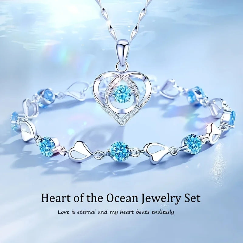 2pcs/set 925 Sterling Silver Heart Bracelet Necklace Jewelry Set for Women Korean Adjustable Charm Bracelet Luxury Party Jewelry