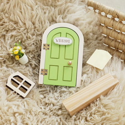 Wooden Elf Door Set Cartoon Room Decor Dollhouse Character Stickers Fairytale-Style Balcony Decor Hanging Ornaments Gift