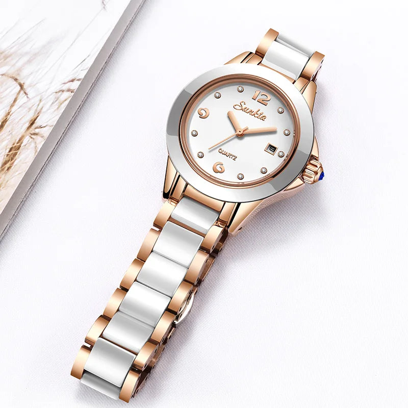 LIGE Brand SUNKTA Fashion Casual Woman Watch Ceramic Simple Bracelet Quartz Ladies Watches Date Waterproof Women's Wristwatches